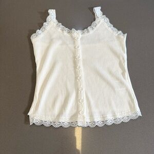 Lace Trim White Button-Up Tank Top